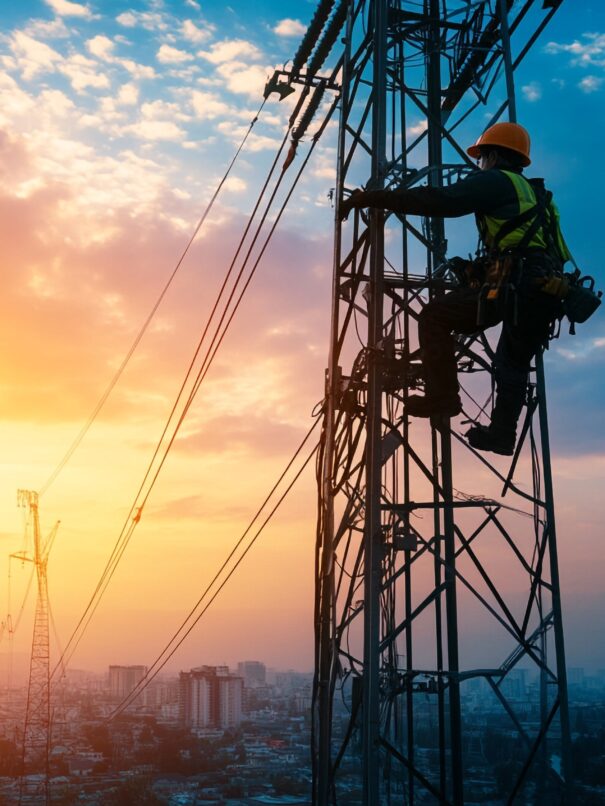 operatore sale su traliccio elettrico