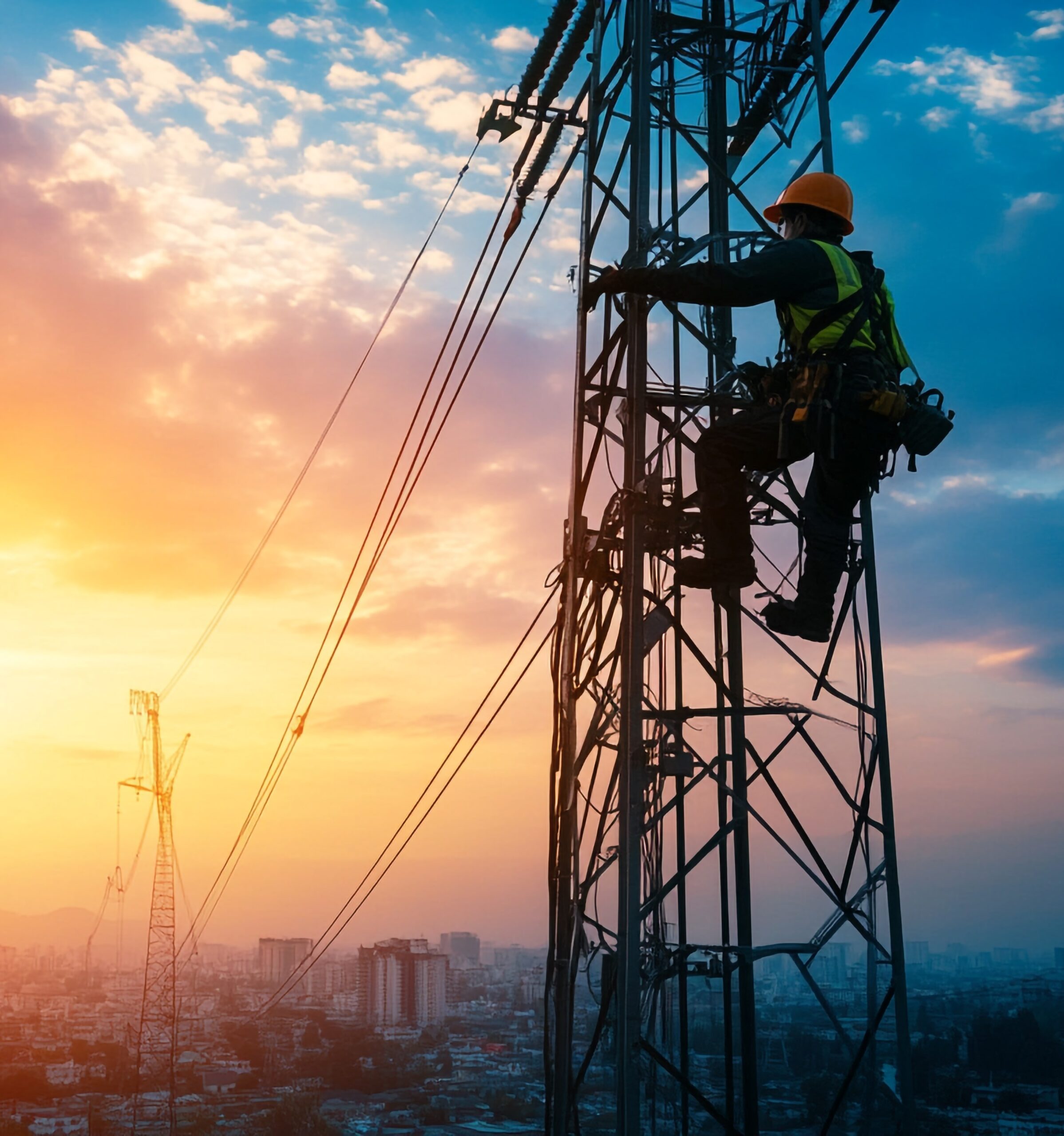 operatore sale su traliccio elettrico