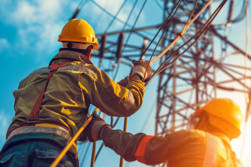 Operatori elmetti gialli tirano cavo elettrico