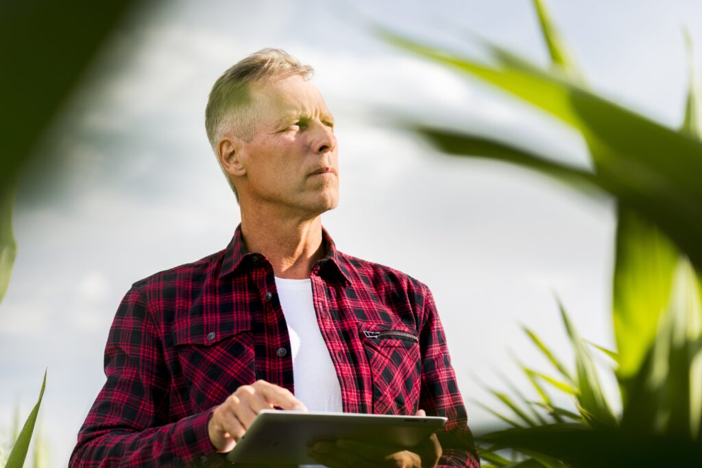 Uomo con tablet nel verde che usa i software Emax